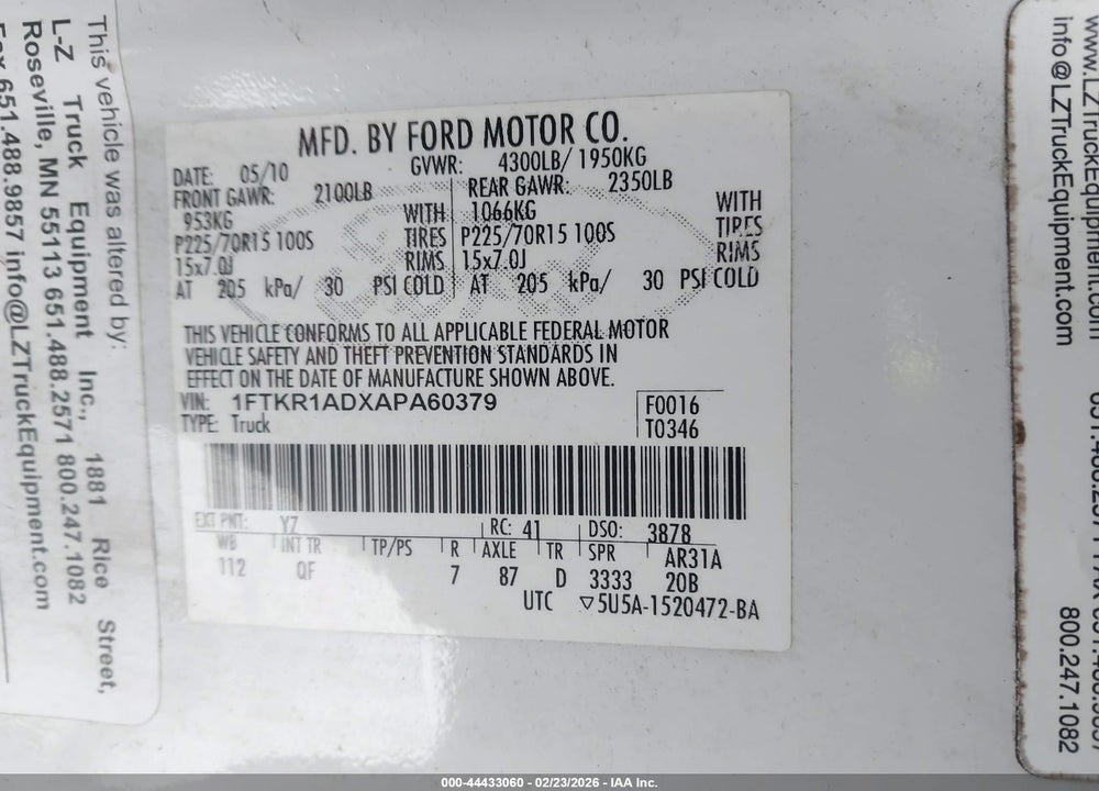2010 FORD RANGER XL/XLT VIN: 1FTKR1ADXAPA60379