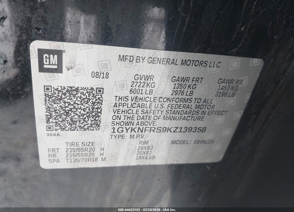 2019 CADILLAC XT5 PREMIUM LUXURY VIN: 1GYKNFRS9KZ139358