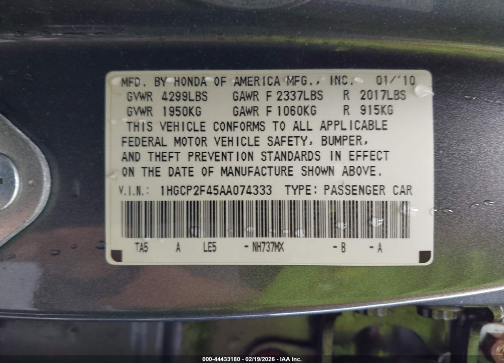 2010 HONDA ACCORD 2.4 LX-P VIN: 1HGCP2F45AA074333