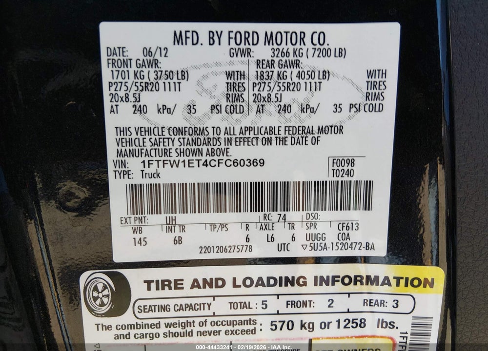2012 FORD F-150 FX4 VIN: 1FTFW1ET4CFC60369