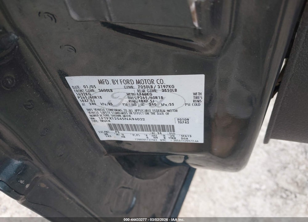 2005 FORD F-150 LARIAT/XL/XLT VIN: 1FTPX12545NA94032