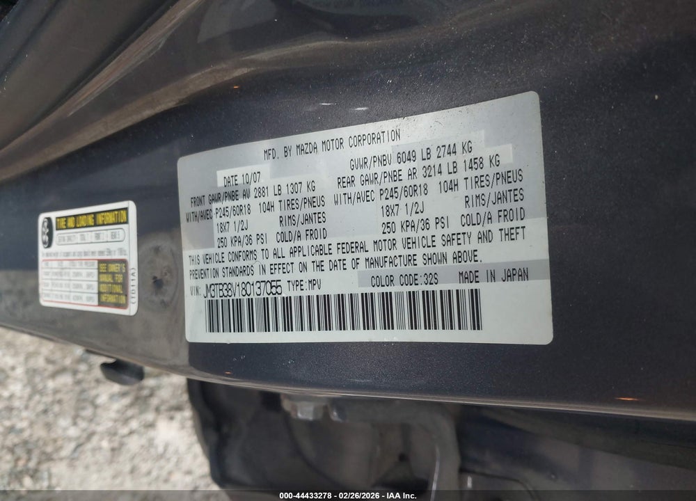 2008 MAZDA CX-9 SPORT VIN: JM3TB38V180137055