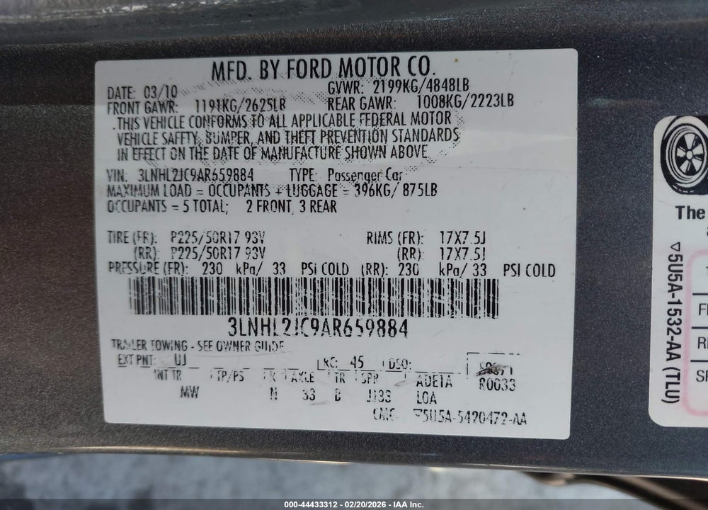 2010 LINCOLN MKZ VIN: 3LNHL2JC9AR659884