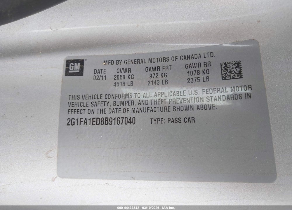 2011 CHEVROLET CAMARO 2LS VIN: 2G1FA1ED8B9167040