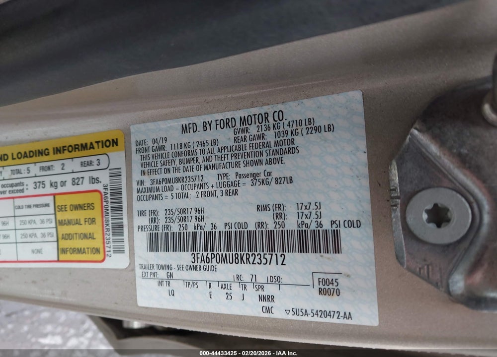 2019 FORD FUSION HYBRID SEL VIN: 3FA6P0MU8KR235712
