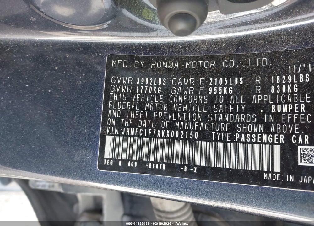 2019 HONDA CIVIC EX-L VIN: JHMFC1F7XKX002150