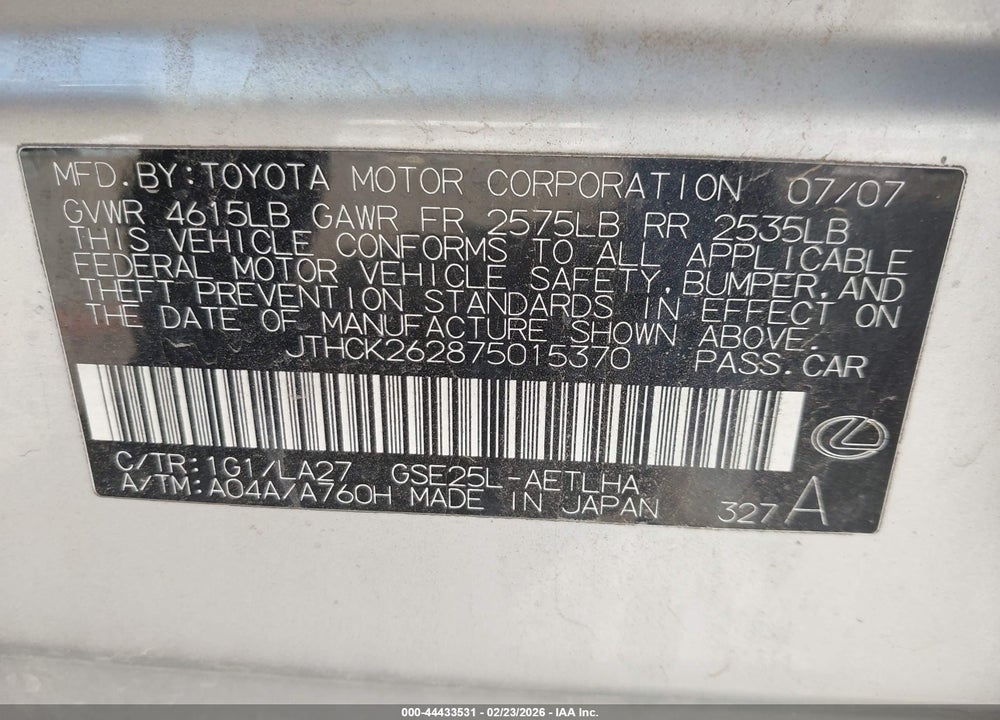 2007 LEXUS IS 250 VIN: JTHCK262875015370