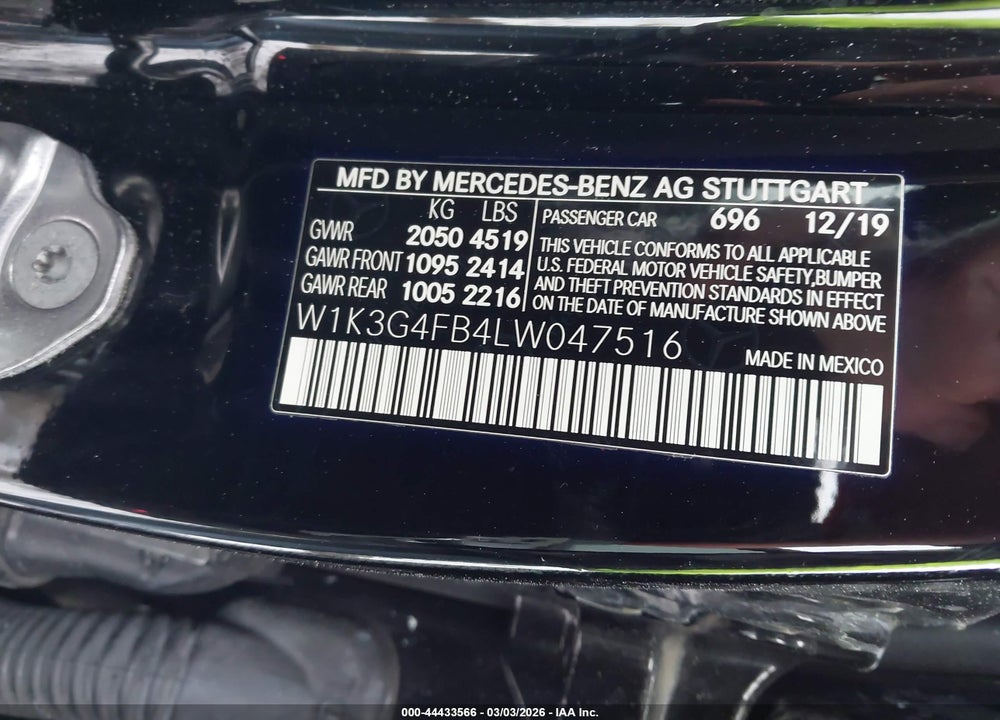 2020 MERCEDES-BENZ A 220 4MATIC VIN: W1K3G4FB4LW047516