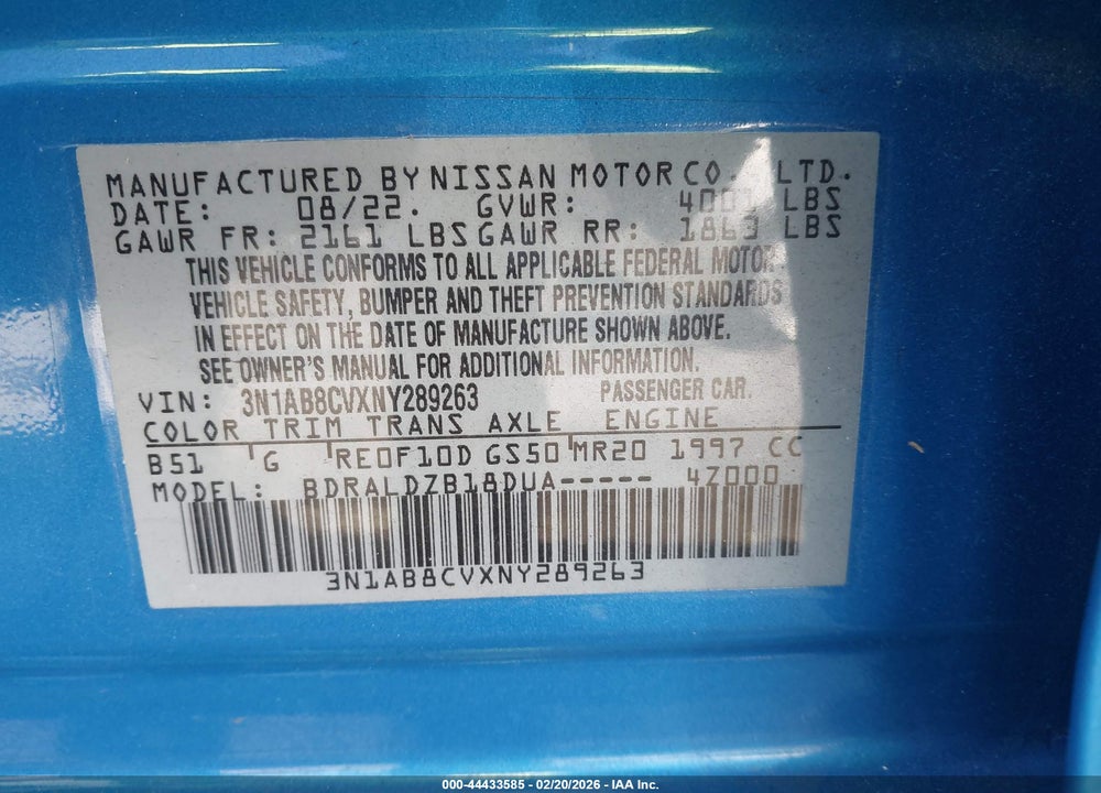 2022 NISSAN SENTRA SV XTRONIC CVT VIN: 3N1AB8CVXNY289263