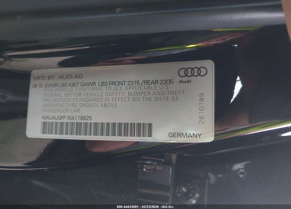 2019 AUDI A3 40 PREMIUM/40 TITANIUM PREMIUM VIN: WAUAUGFF1KA118825
