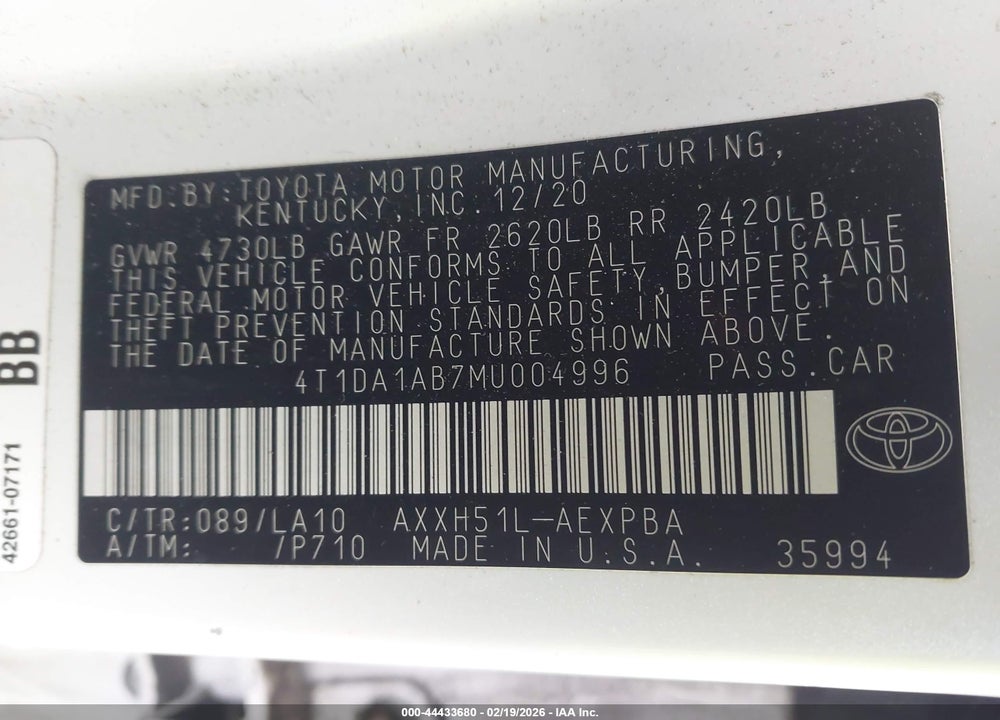2021 TOYOTA AVALON LIMITED HYBRID VIN: 4T1DA1AB7MU004996
