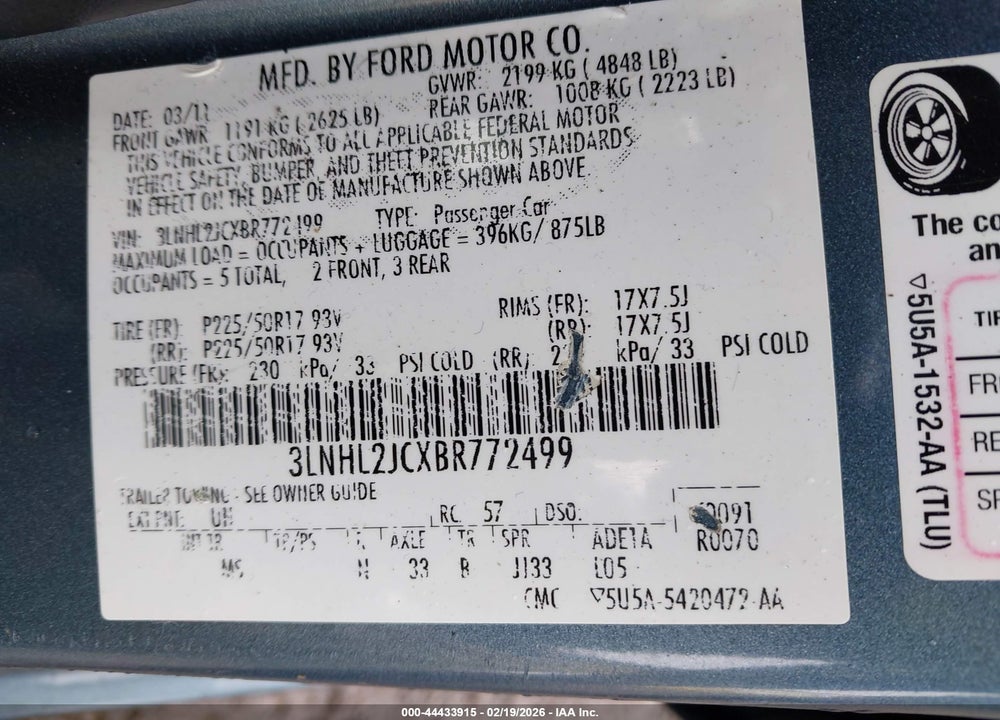 2011 LINCOLN MKZ VIN: 3LNHL2JCXBR772499