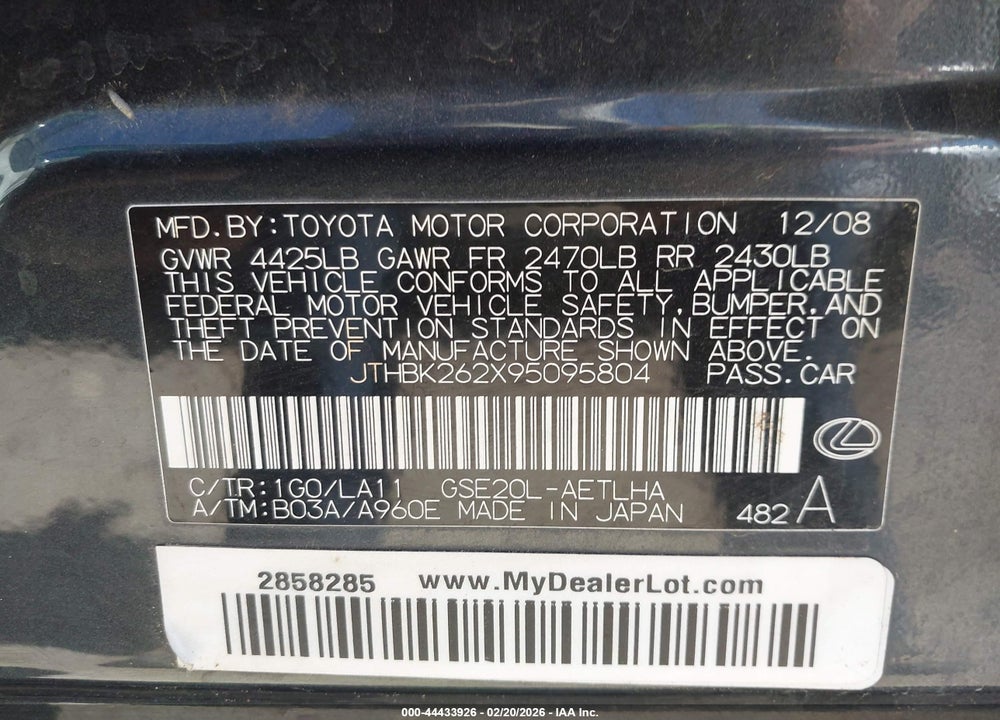 2009 LEXUS IS 250 VIN: JTHBK262X95095804