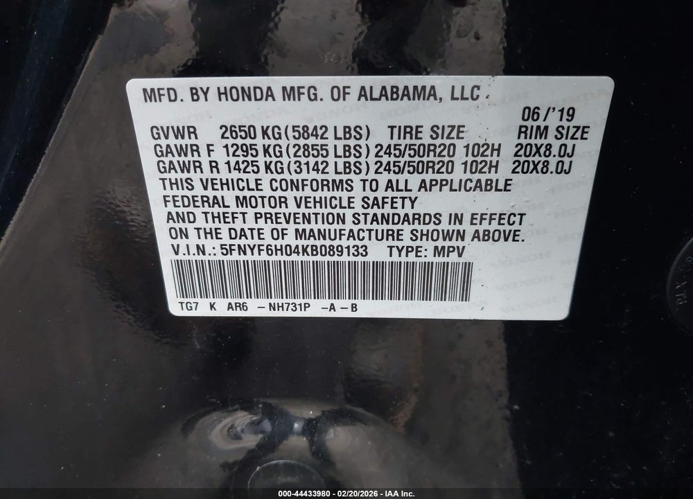 2019 HONDA PILOT ELITE VIN: 5FNYF6H04KB089133