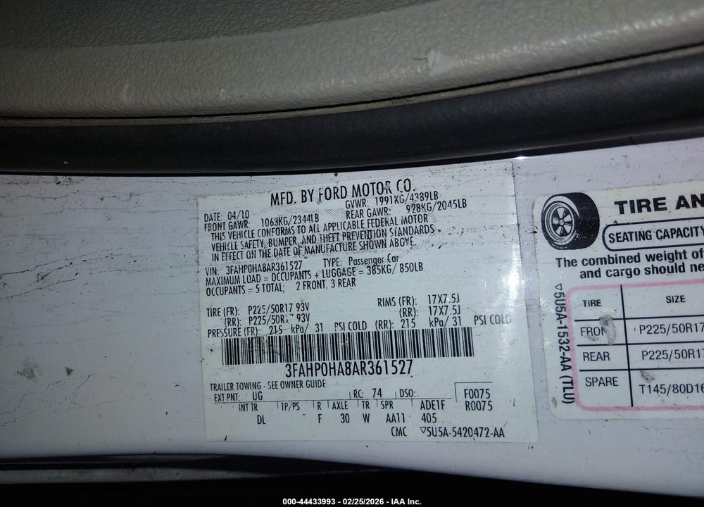 2010 FORD FUSION SE VIN: 3FAHP0HA8AR361527