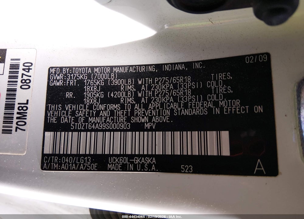2009 TOYOTA SEQUOIA SR5 4.7L V8 VIN: 5TDZT64A99S000903