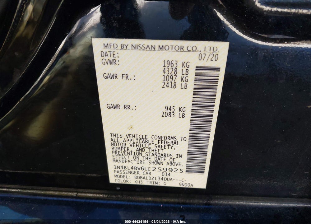 2020 NISSAN ALTIMA S FWD VIN: 1N4BL4BV6LC259925