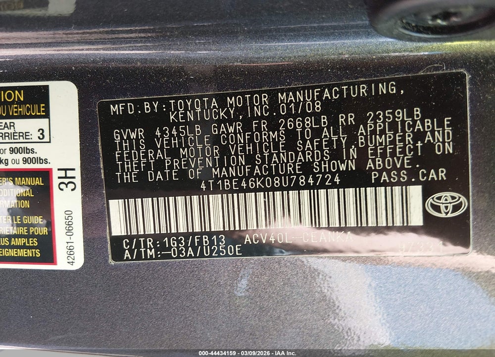 2008 TOYOTA CAMRY LE VIN: 4T1BE46K08U784724