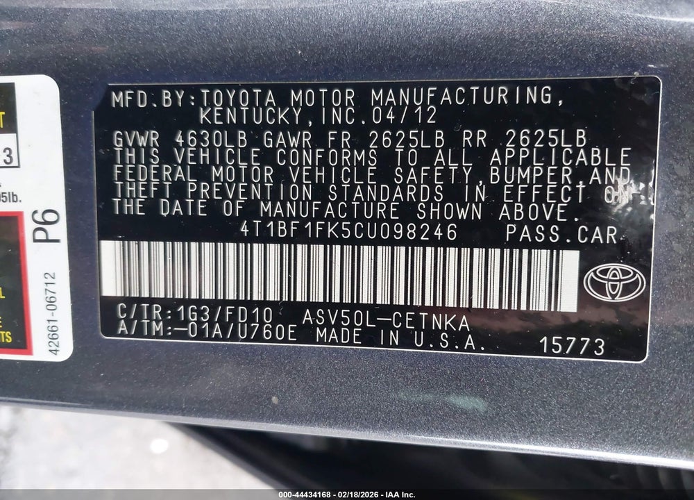 2012 TOYOTA CAMRY LE VIN: 4T1BF1FK5CU098246