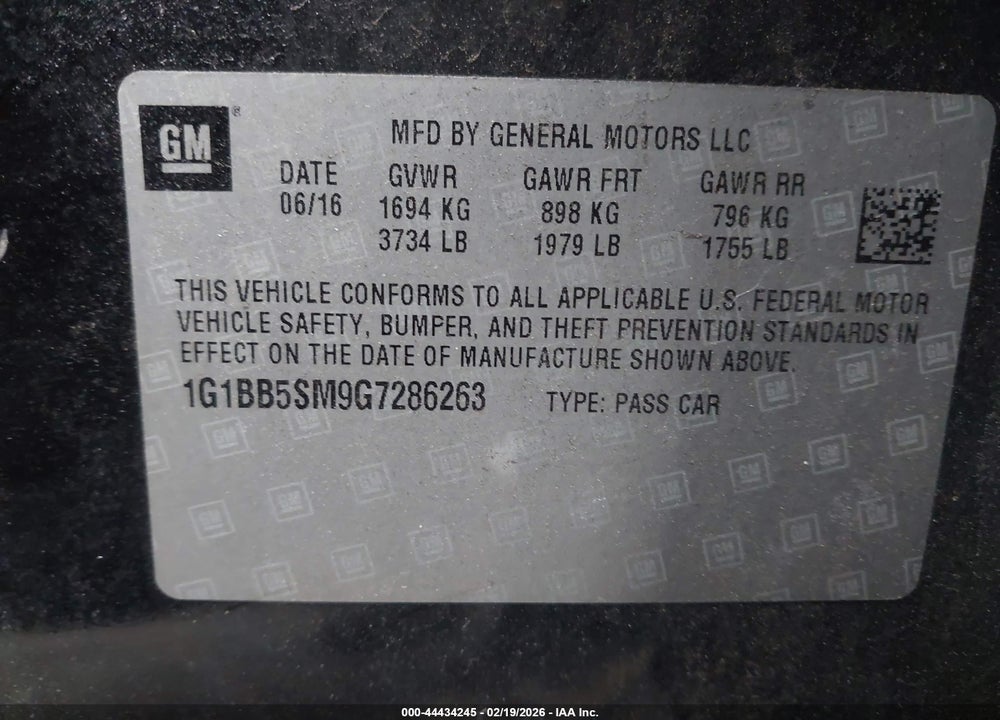 2016 CHEVROLET CRUZE LS MANUAL VIN: 1G1BB5SM9G7286263
