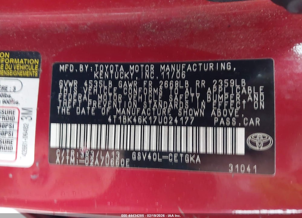 2007 TOYOTA CAMRY XLE V6 VIN: 4T1BK46K17U024177