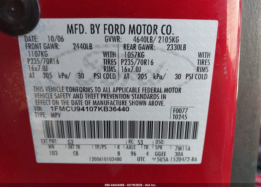 2007 FORD ESCAPE LIMITED VIN: 1FMCU94107KB36440