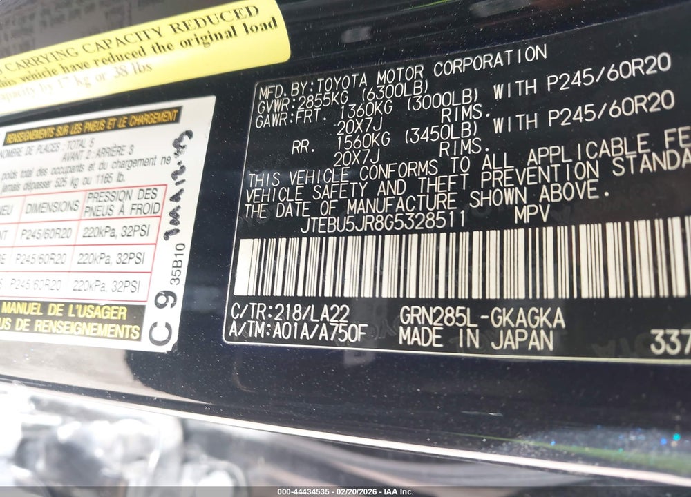 2016 TOYOTA 4RUNNER LIMITED VIN: JTEBU5JR8G5328511