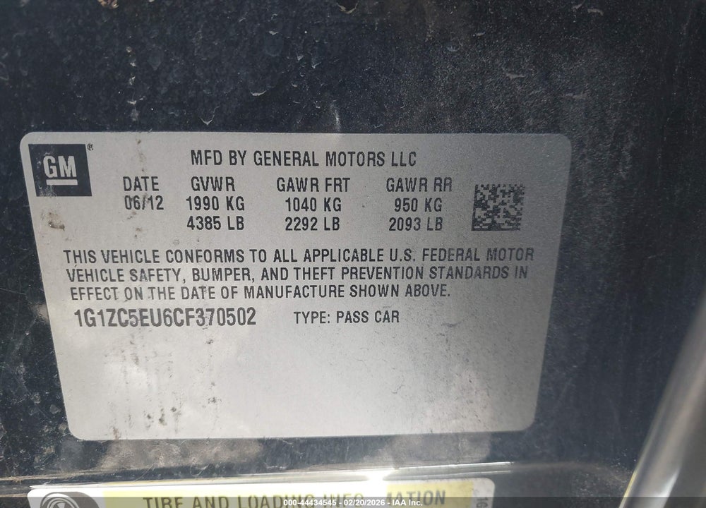 2012 CHEVROLET MALIBU 1LT VIN: 1G1ZC5EU6CF370502
