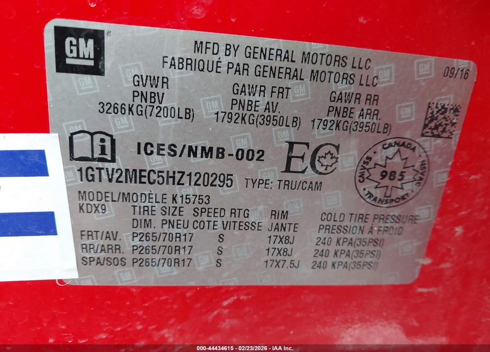 2017 GMC SIERRA 1500 SLE VIN: 1GTV2MEC5HZ120295