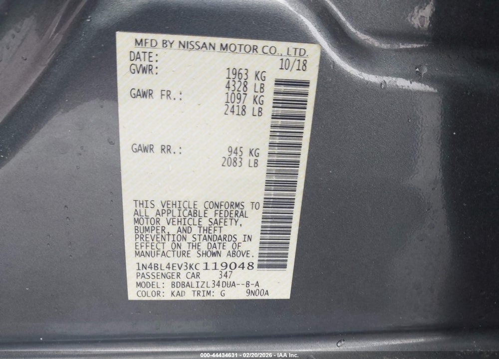 2019 NISSAN ALTIMA 2.5 SL VIN: 1N4BL4EV3KC119048