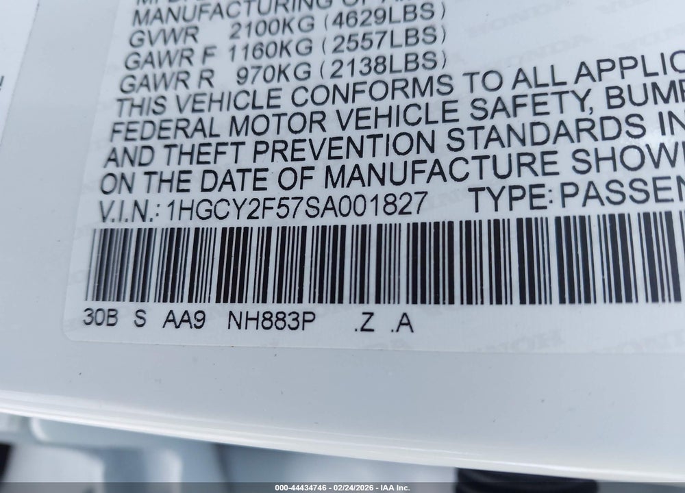 2025 HONDA ACCORD HYBRID SPORT VIN: 1HGCY2F57SA001827