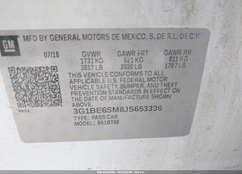 2018 CHEVROLET CRUZE LT AUTO VIN: 3G1BE6SM8JS653336