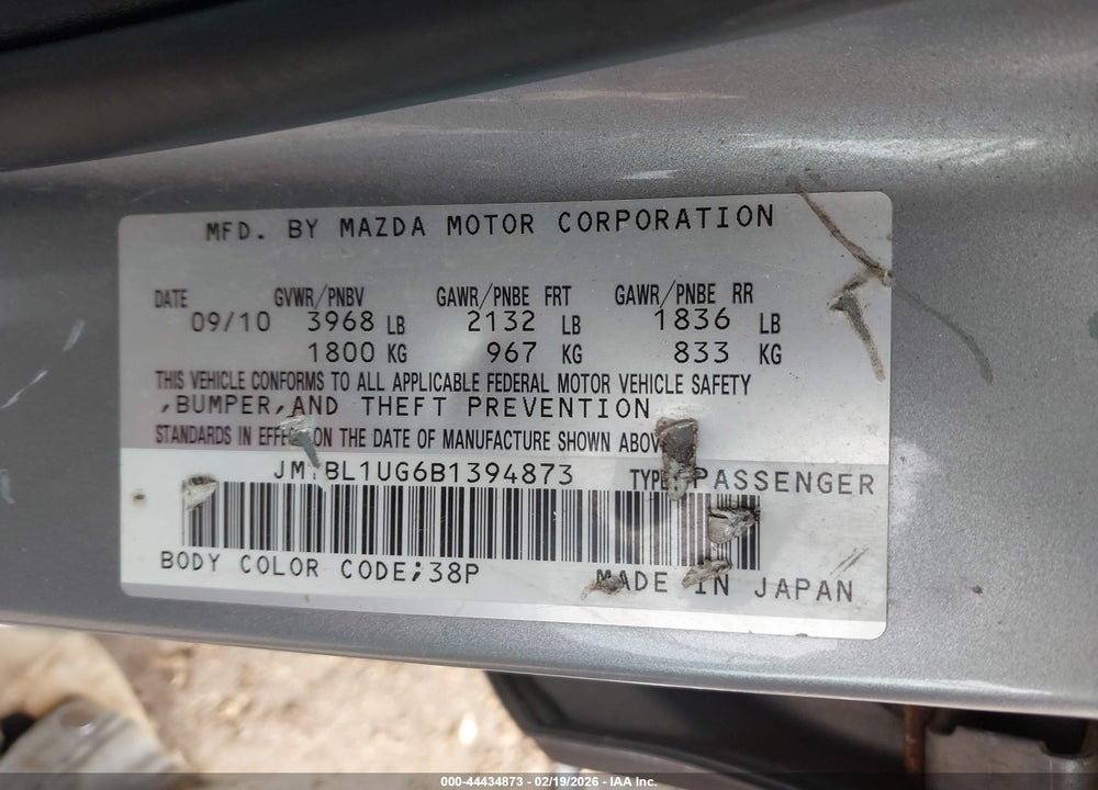2011 MAZDA 3 I SPORT VIN: JM1BL1UG6B1394873