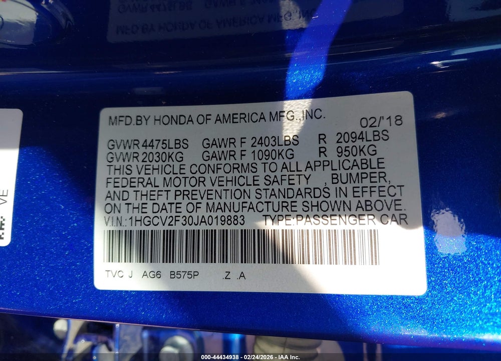 2018 HONDA ACCORD SPORT 2.0T VIN: 1HGCV2F30JA019883