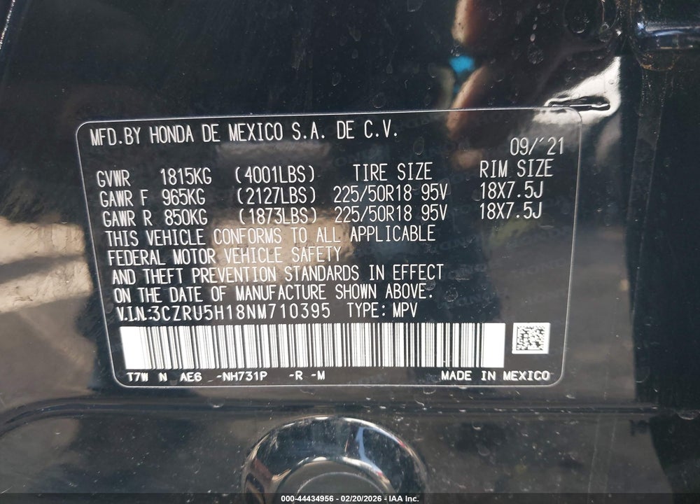 2022 HONDA HR-V SPORT VIN: 3CZRU5H18NM710395