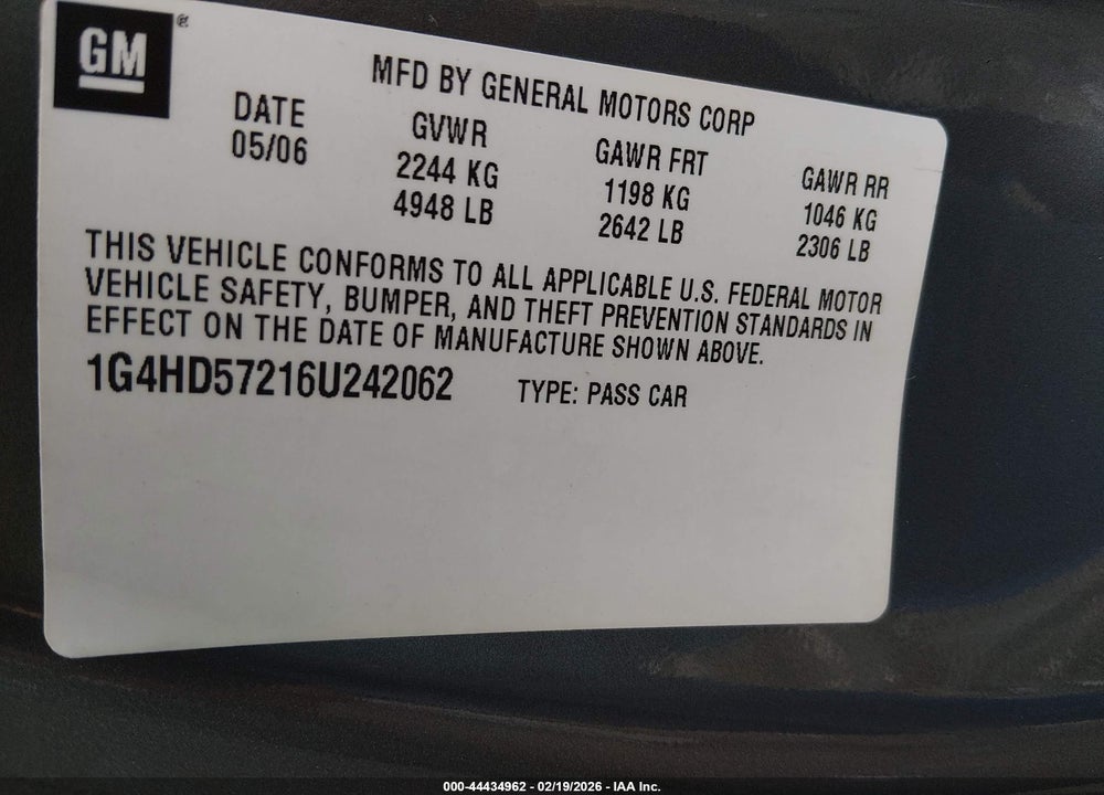 2006 BUICK LUCERNE CXL VIN: 1G4HD57216U242062