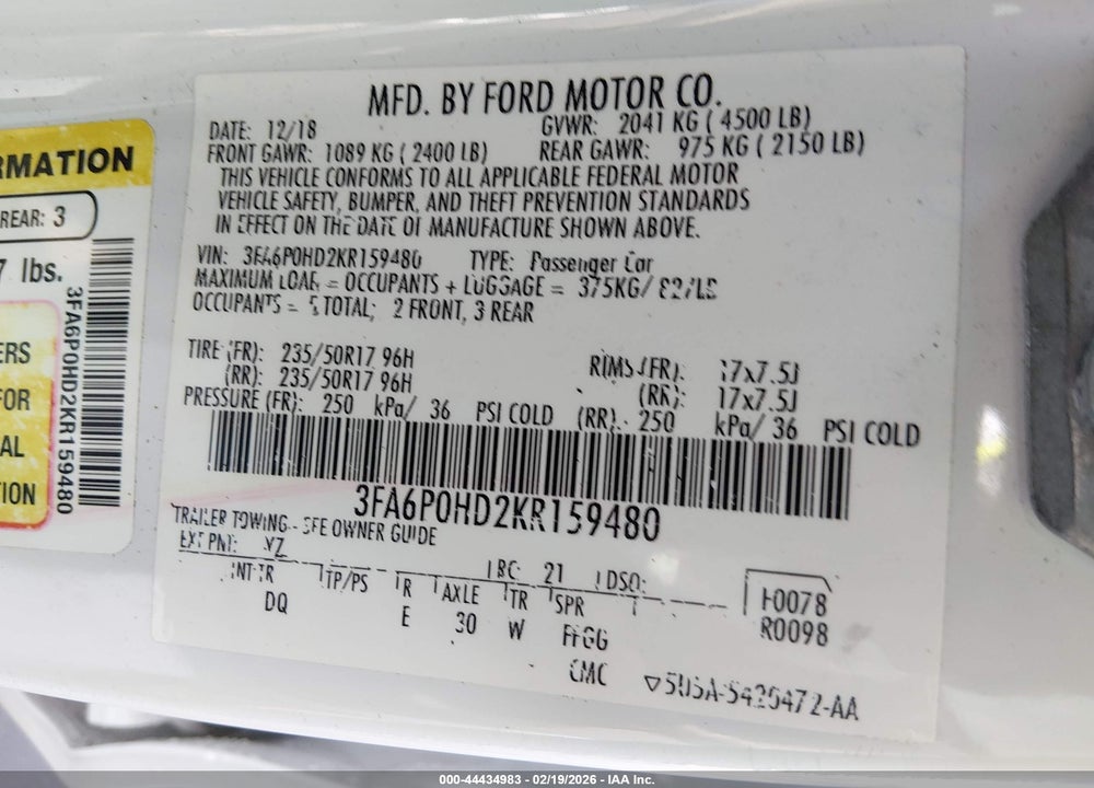 2019 FORD FUSION SE VIN: 3FA6P0HD2KR159480