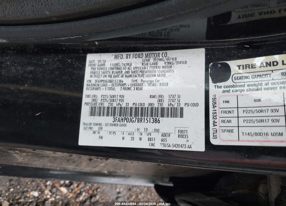 2011 FORD FUSION SEL VIN: 3FAHP0JG7BR151386