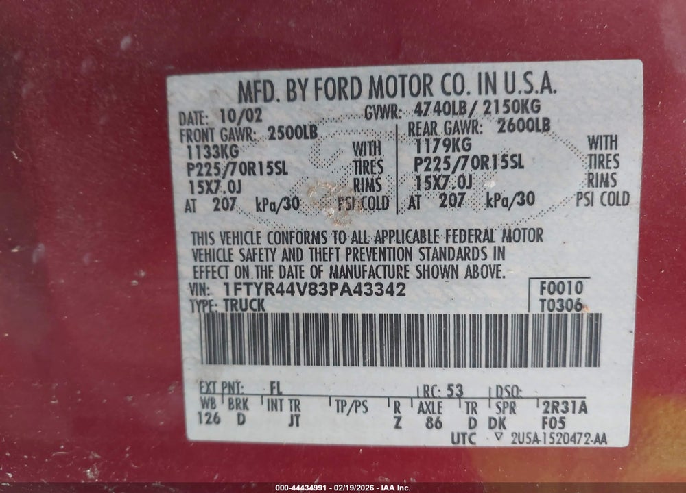2003 FORD RANGER EDGE/TREMOR/XLT VIN: 1FTYR44V83PA43342