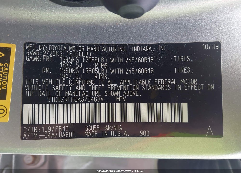 2019 TOYOTA HIGHLANDER LE VIN: 5TDBZRFH5KS734634