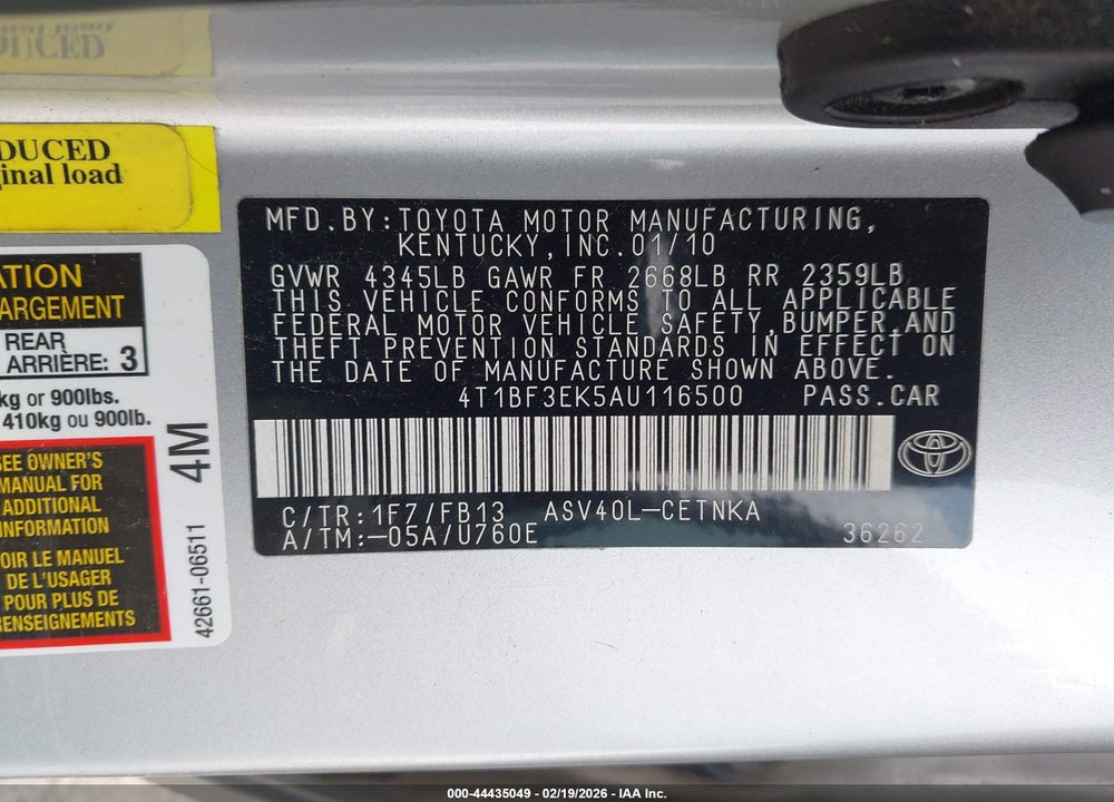 2010 TOYOTA CAMRY LE VIN: 4T1BF3EK5AU116500