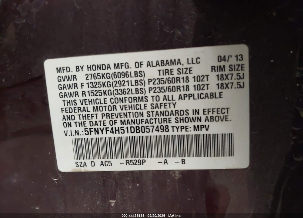 2013 HONDA PILOT EX-L VIN: 5FNYF4H51DB057498