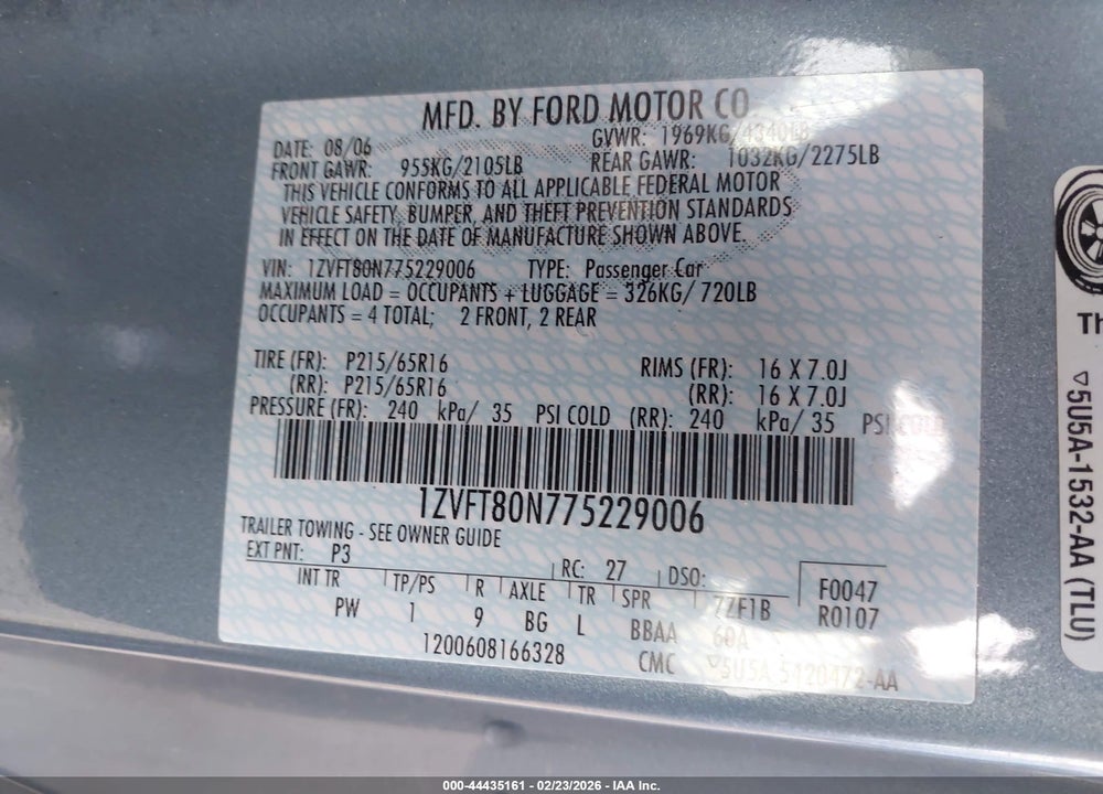 2007 FORD MUSTANG V6 DELUXE/V6 PREMIUM VIN: 1ZVFT80N775229006