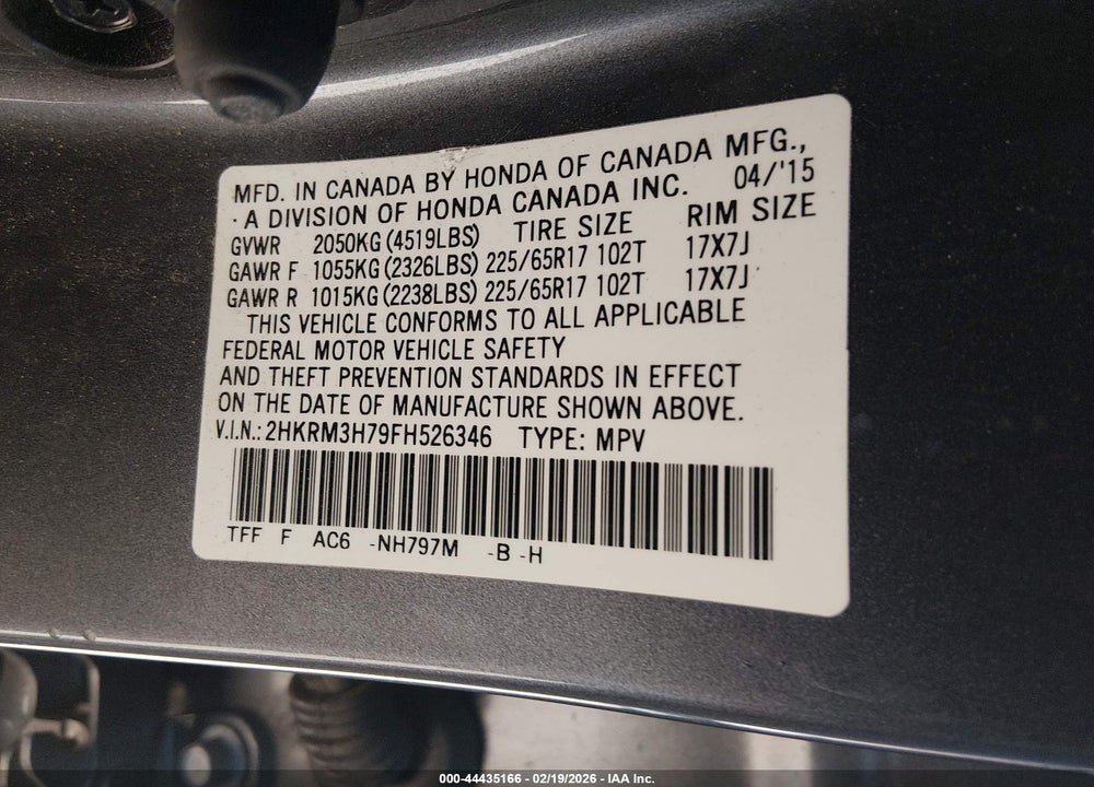2015 HONDA CR-V EX-L VIN: 2HKRM3H79FH526346