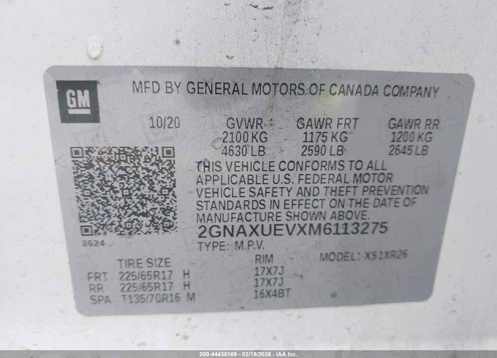 2021 CHEVROLET EQUINOX AWD LT VIN: 2GNAXUEVXM6113275