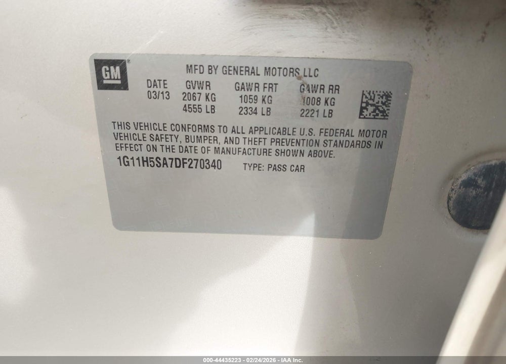 2013 CHEVROLET MALIBU 1LZ VIN: 1G11H5SA7DF270340