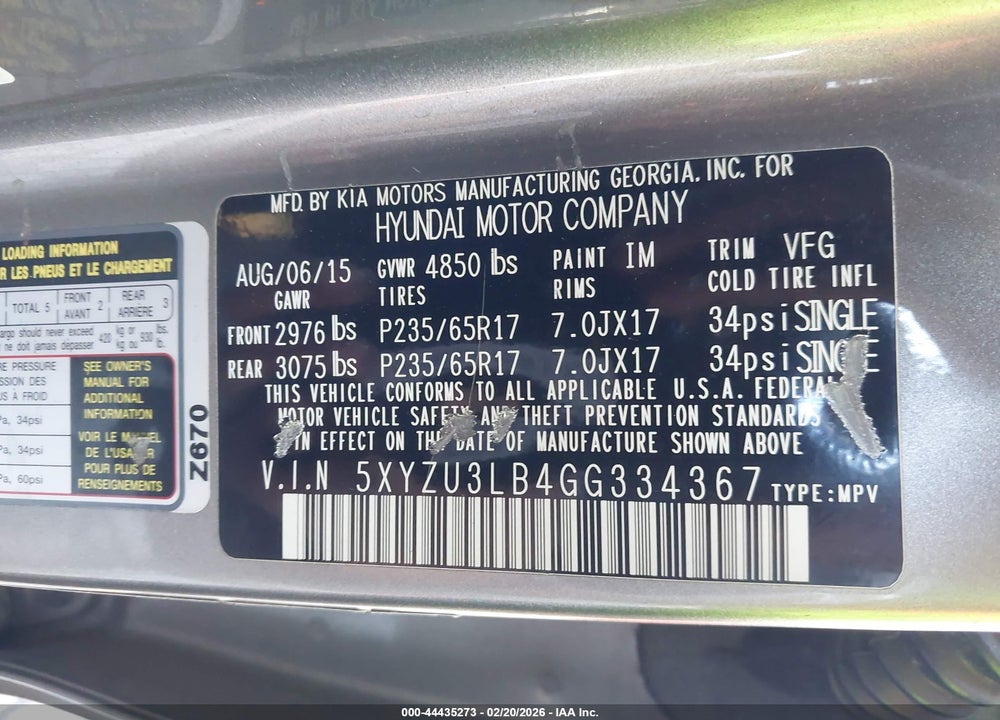 2016 HYUNDAI SANTA FE SPORT 2.4L VIN: 5XYZU3LB4GG334367