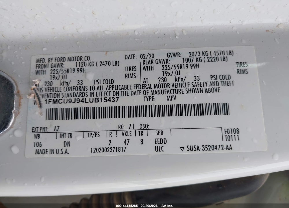 2020 FORD ESCAPE TITANIUM VIN: 1FMCU9J94LUB15437