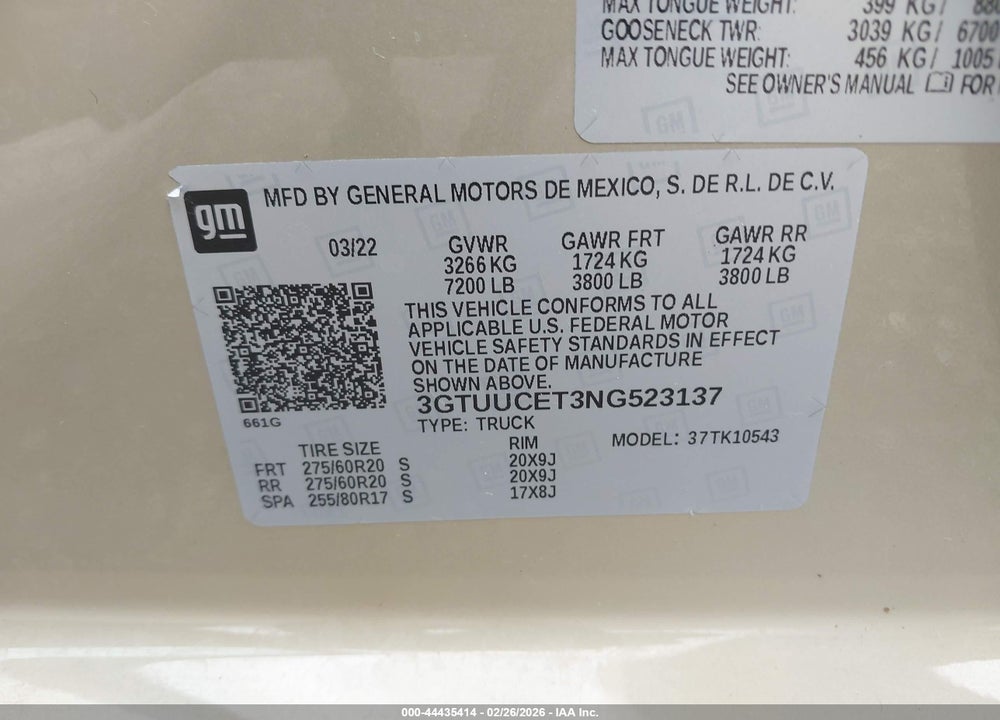 2022 GMC SIERRA 1500 4WD  SHORT BOX ELEVATION VIN: 3GTUUCET3NG523137