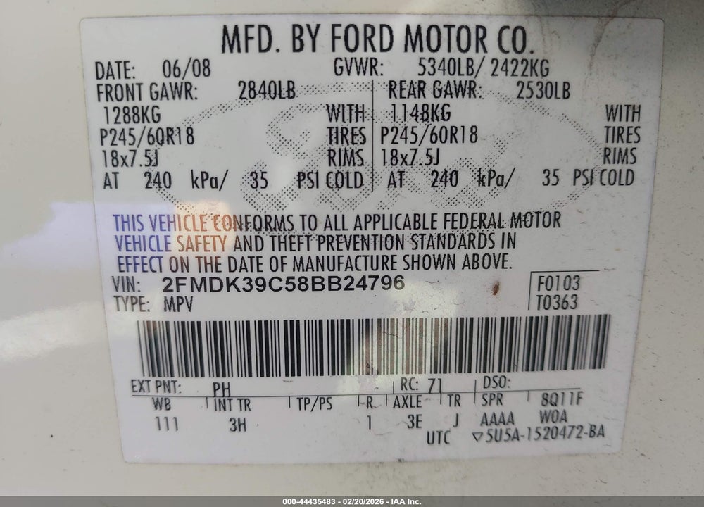 2008 FORD EDGE LIMITED VIN: 2FMDK39C58BB24796